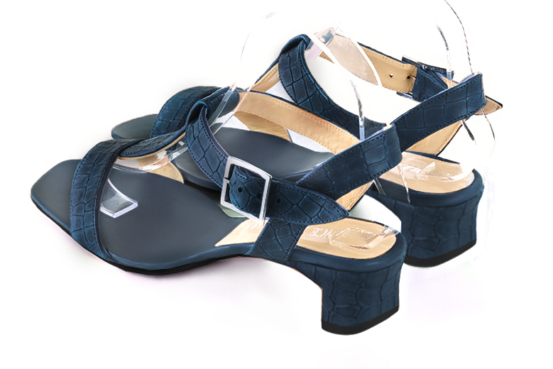 Denim blue women's fully open sandals, with an instep strap. Square toe. Low kitten heels. Rear view - Florence KOOIJMAN